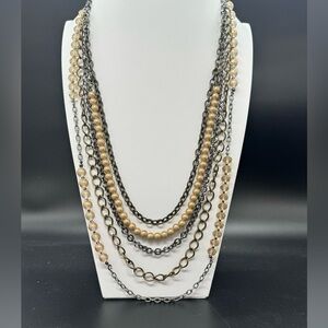 Long  Multi Layer 5 Chain Statement Neck with Crystal Beads and Faux Pearls NWOT